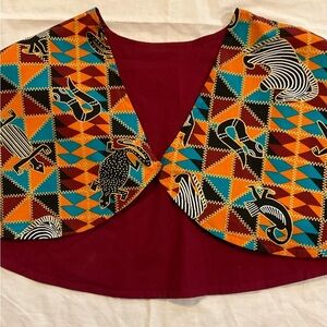 Hand Crafted Ankara African Print Capelet Sz. 16 Burgundy Turquoise Orange Lined